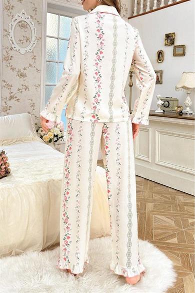 Bella Notte Ekru Pembe Minimal Çiçek Desenli Vintage Pijama Takımı 77300