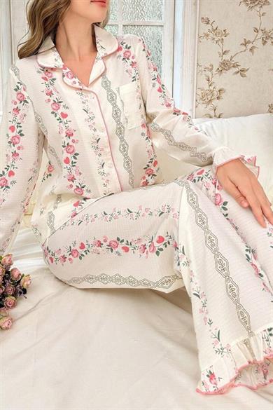 Bella Notte Ekru Pembe Minimal Çiçek Desenli Vintage Pijama Takımı 77300