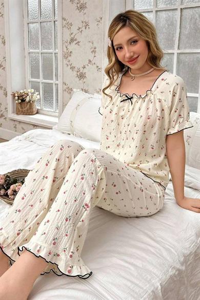 Bella Notte Ekru Retro Model Kare Yaka Pijama Takımı 7309