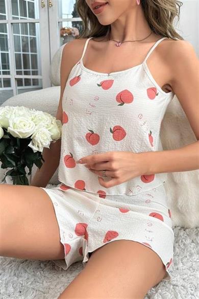 Bella Notte Ekru Şeftali Desenli Şort Takım 7527