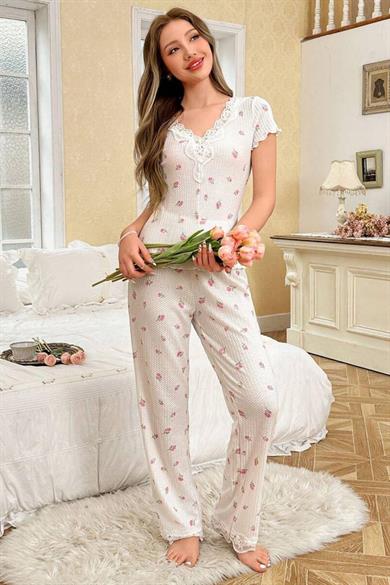 Bella Notte Ekru V Yakalı Dantel Detaylı Vintage Pijama Takımı 7319