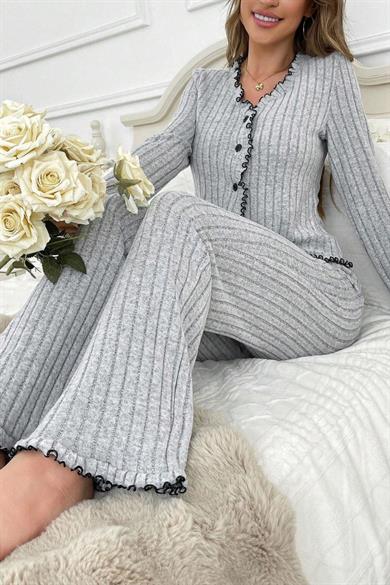 Bella Notte Gri Fırfırlı V Yaka Pamuklu Pijama Takımı 7091
