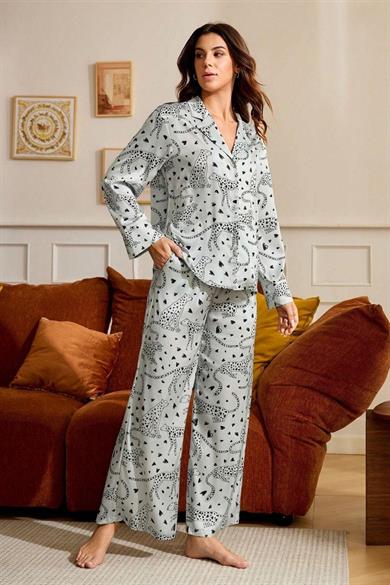 Bella Notte Gri Leopar Figürlü Saten Pijama Takımı 7101