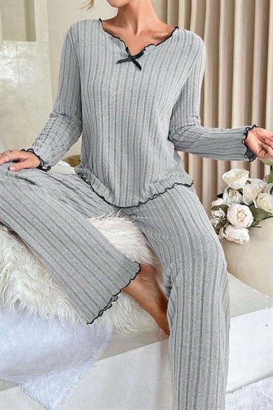 Bella Notte Gri Uzun Kollu Pamuklu Pijama Takımı 7093