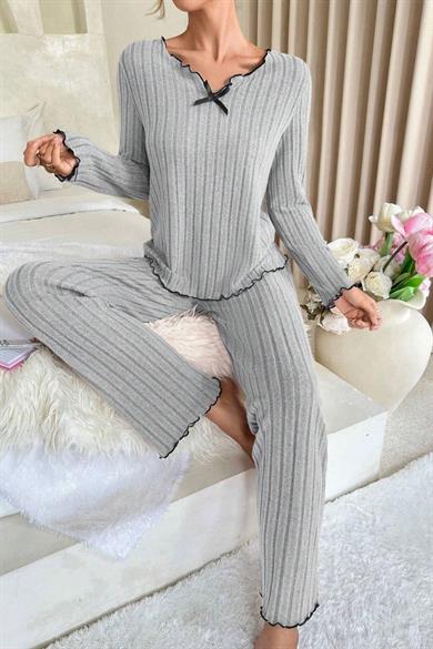 Bella Notte Gri Uzun Kollu Pamuklu Pijama Takımı 7093