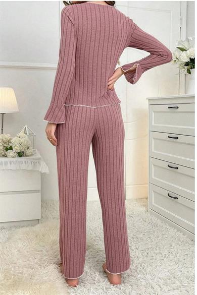 Bella Notte Gül Kurusu Kurdale Detaylı Uzun Kollu Pijama Takımı 7159