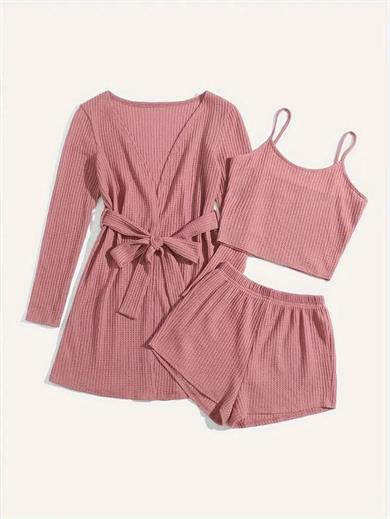 Bella Notte Gül Kurusu Pamuklu 3 Parça Sabahlık ve Pijama Takımı 7599
