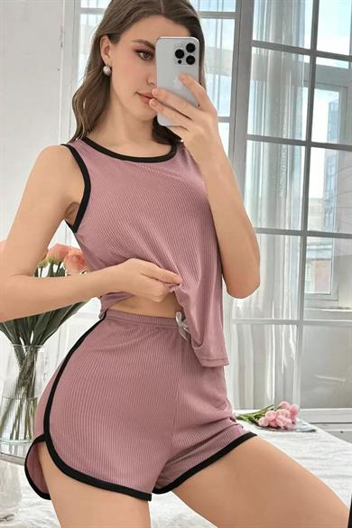 Bella Notte Gülkurusu Kolsuz Pamuklu Şort Takım 7802