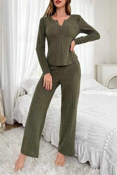 Bella Notte Haki Yeşili Uzun Kollu Pamuklu Pijama Takımı 7069