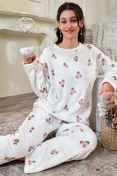 Bella Notte Kırık Beyaz Çiçek Desenli Pamuklu Pijama Takımı 7081