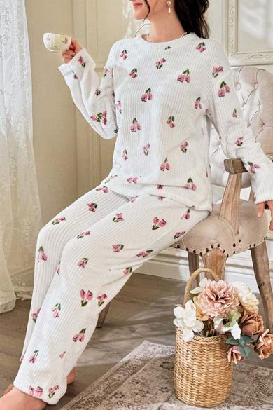 Bella Notte Kırık Beyaz Çiçek Desenli Pamuklu Pijama Takımı 7081