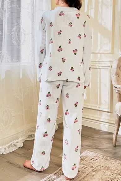 Bella Notte Kırık Beyaz Çiçek Desenli Pamuklu Pijama Takımı 7081