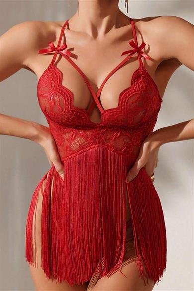 Bella Notte Kırmızı Dantel Detaylı Püsküllü Gecelik 15663