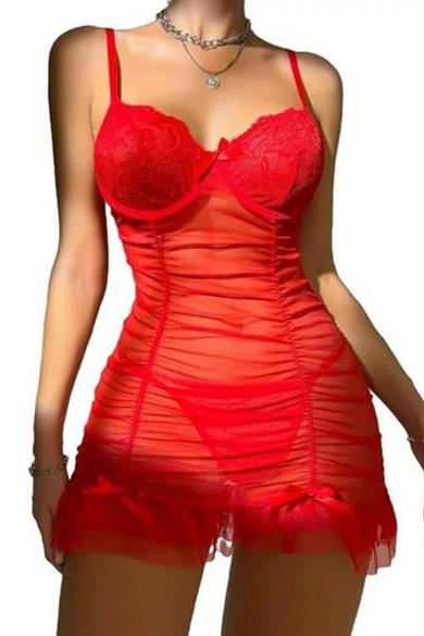 Bella Notte Kırmızı Likralı Transparan Tül Gecelik 15556