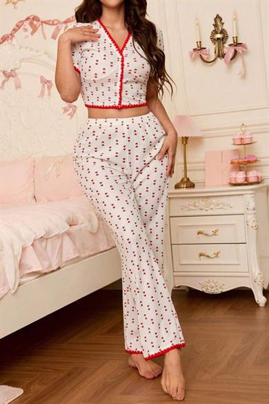 Bella Notte Kırmızı Pure Love Mini Kalp Baskılı Crop Pijama Takımı 7333