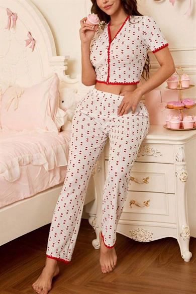 Bella Notte Kırmızı Pure Love Mini Kalp Baskılı Crop Pijama Takımı 7333