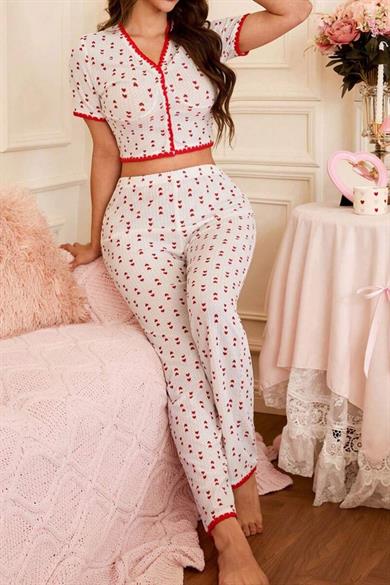 Bella Notte Kırmızı Pure Love Mini Kalp Baskılı Crop Pijama Takımı 7333