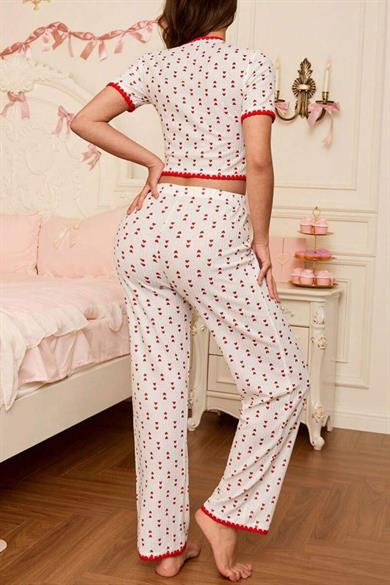 Bella Notte Kırmızı Pure Love Mini Kalp Baskılı Crop Pijama Takımı 7333