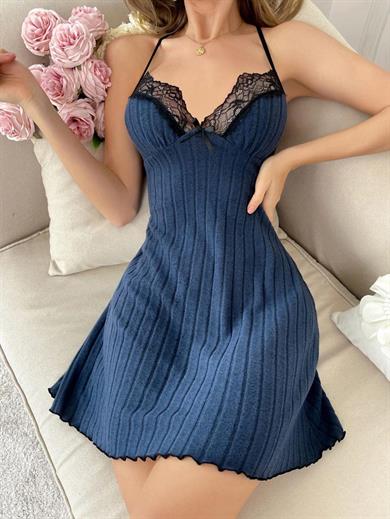 Bella Notte Lacivert Dantel Detaylı Gecelik 15935