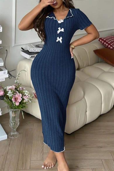 Bella Notte Lacivert Fiyonk Detaylı Kısa Kollu Pamuklu Şık Elbise E-5539