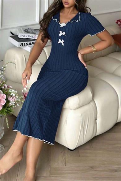 Bella Notte Lacivert Fiyonk Detaylı Kısa Kollu Pamuklu Şık Elbise E-5539