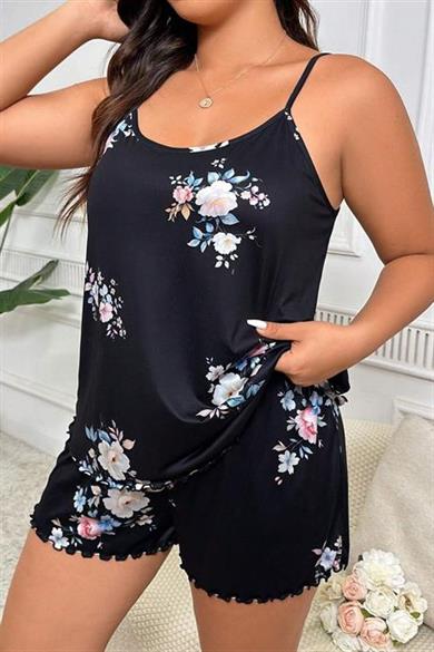 Bella Notte Lacivert Kelebek Desenli Büyük Beden Şort Takım 7545