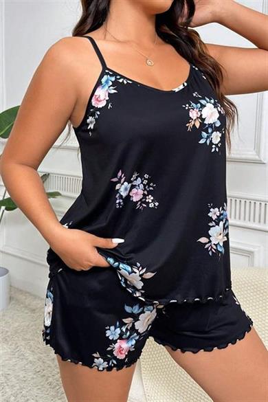 Bella Notte Lacivert Kelebek Desenli Büyük Beden Şort Takım 7545