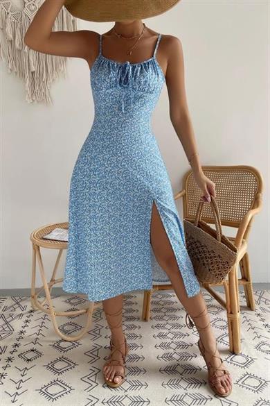 Bella Notte Mavi Bahar Yırtmaçlı Midi Elbise E-5502
