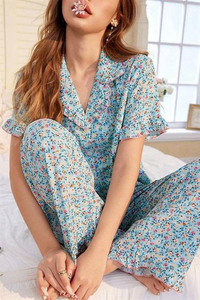 Bella Notte Mavi Çiçek Desenli V Yaka Düğmeli Pijama Takımı 7327