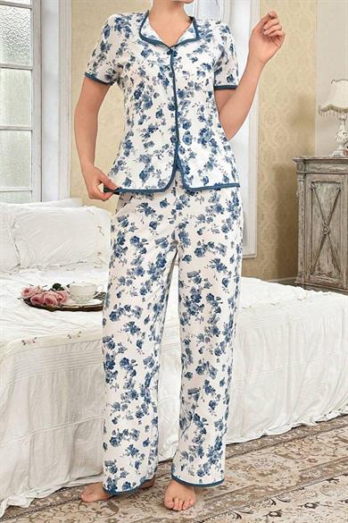 Bella Notte Mavi Çiçekli Düğme Detaylı Yazlık Pijama Takımı 7347