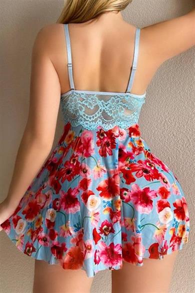 Bella Notte Mavi Rüya Gecesi Çiçekli Askılı Mini Gecelik 15628