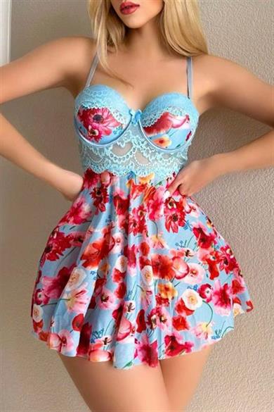 Bella Notte Mavi Rüya Gecesi Çiçekli Askılı Mini Gecelik 15628