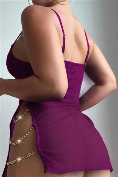 Bella Notte Mor Özel Tasarım Zicir Aksesuarlı Gecelik 15572
