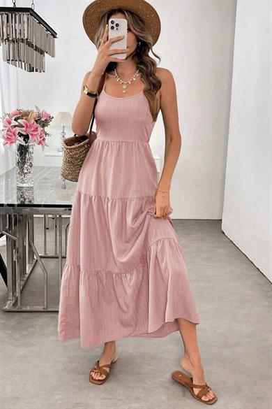 Bella Notte Pembe Askılı Bisiklet Yaka Yazlık Elbise E-5523