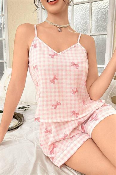 Bella Notte Pembe Askılı Fiyonk Baskılı Şort Takım 7793