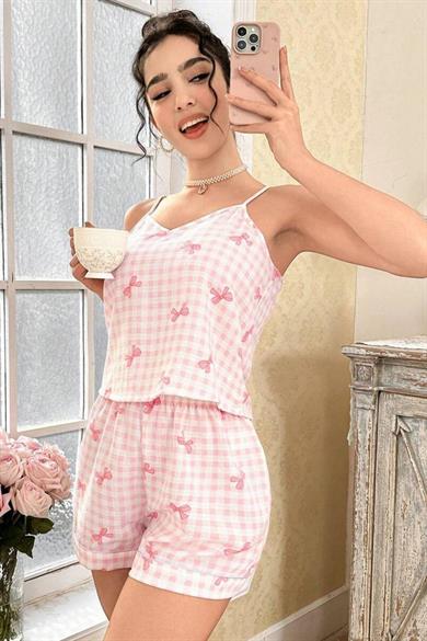 Bella Notte Pembe Askılı Fiyonk Baskılı Şort Takım 7793