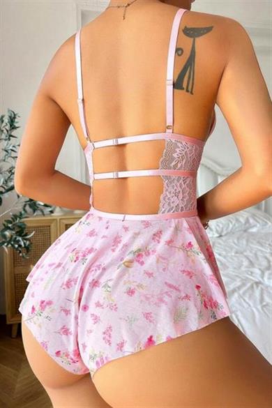 Bella Notte Pembe Askılı Sırt Detaylı Teddy Gecelik 15096