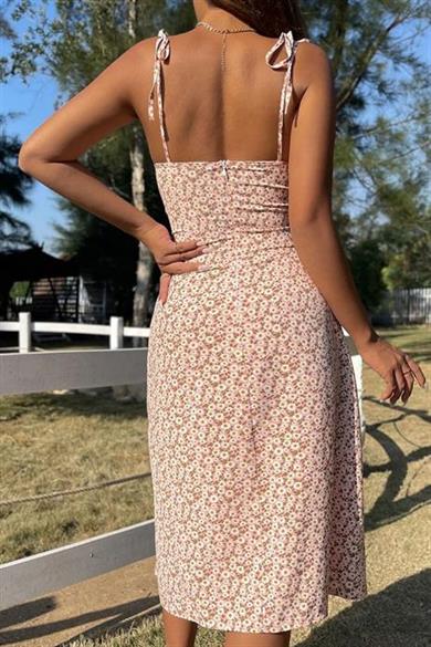 Bella Notte Pembe Bahar Yırtmaçlı Elbise E-5501