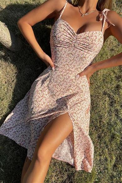 Bella Notte Pembe Bahar Yırtmaçlı Elbise E-5501