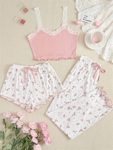 Bella Notte Pembe Çiçek Desenli 3lü Pijama Takımı 7705