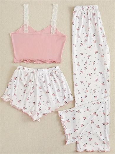 Bella Notte Pembe Çiçek Desenli 3lü Pijama Takımı 7705
