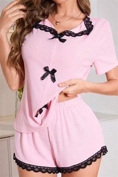 Bella Notte Pembe Dantel Yakalı Fiyonklu Şortlu Pijama Takım 7769