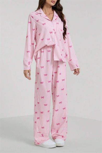 Bella Notte Pembe Fiyonk Baskılı Çizgili Pijama Takımı 77345
