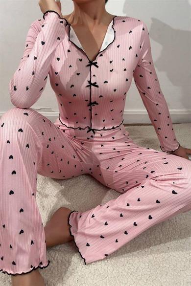 Bella Notte Pembe Fiyonk Detaylı Kalpli Pijama Takımı 7171