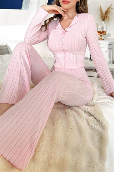 Bella Notte Pembe Fiyonk Detaylı Pamuklu Pijama Takımı 7097