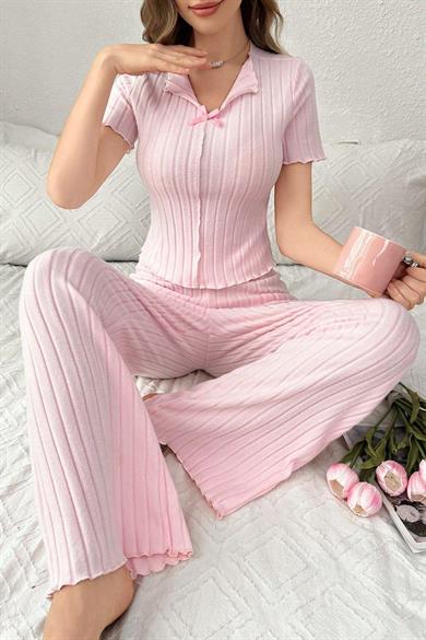 Bella Notte Pembe Fiyonk Detaylı Pamuklu Kısa Kollu Pijama Takımı 7169
