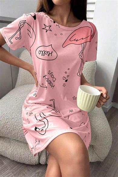 Bella Notte Pembe Flamingo Desenli Kadın Gecelik- Uyku Elbisesi 15726