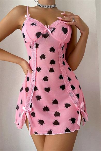Bella Notte Pembe Kalp Desenli Yırtmaçlı Mini Gecelik 15923