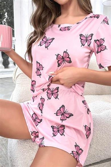 Bella Notte Pembe Kelebek Desenli Şort Takım 7528