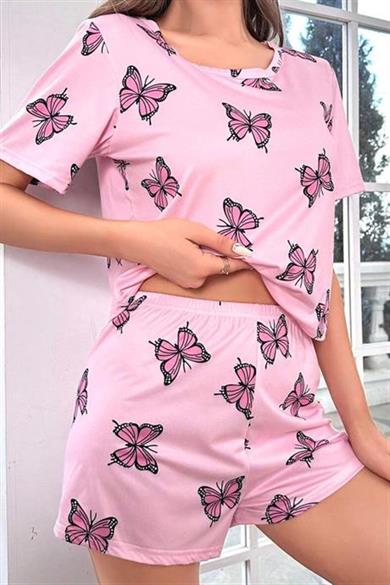 Bella Notte Pembe Kelebek Desenli Şort Takım 7528
